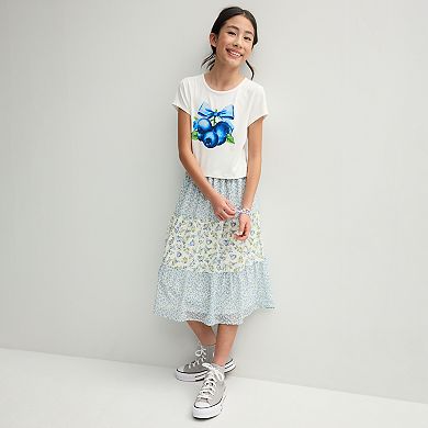 Girls 7-16 Trixxi 3-Piece Cardigan, Graphic Tee & Printed Skirt Set with Stretch Bracelets