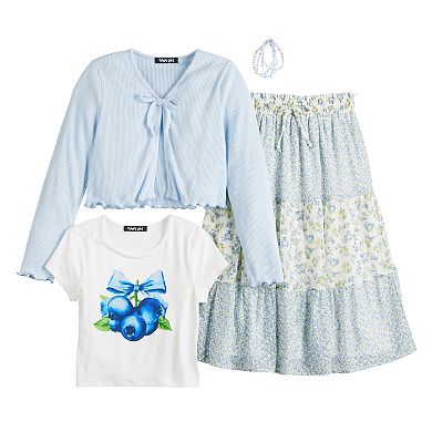 Girls 7-16 Trixxi 3-Piece Cardigan, Graphic Tee & Printed Skirt Set with Stretch Bracelets
