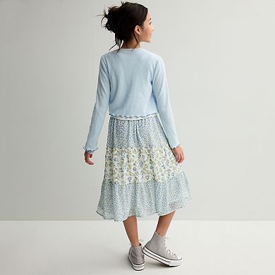 Girls 7-16 Trixxi 3-Piece Cardigan, Graphic Tee & Printed Skirt Set with Stretch Bracelets