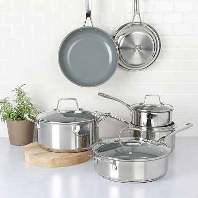 Martha Stewart Delaroux 10-Piece Stainless Steel Ceramic Nonstick Pots & Pans Set with Lids