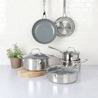 Martha Stewart Delaroux 10-Piece Stainless Steel Ceramic Nonstick Pots & Pans Set with Lids
