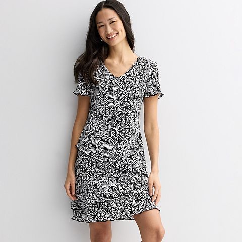 Женские платья Studio Connection Short Sleeve V-Neck Pleated Tiered Mini Dress