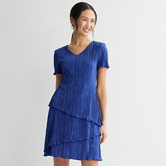 Women's Studio Connection Short Sleeve V-Neck Pleated Tiered Mini Dress