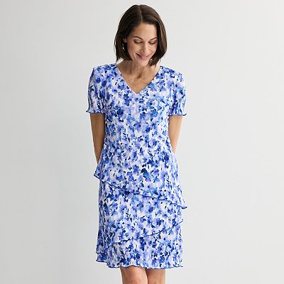 short sleeve mini dress Blue Floral Lace Puff Sleeve Mini Dress with Pockets and Belt – Amanda Jean  NYC main image 1