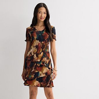Women's Studio Connection Short Sleeve V-Neck Pleated Tiered Mini Dress