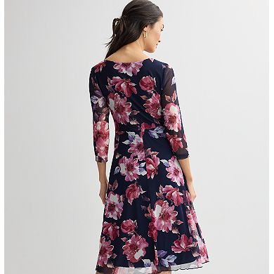 Women's Studio Connection Floral 3/4-Sleeve Fit & Flare Midi Dress