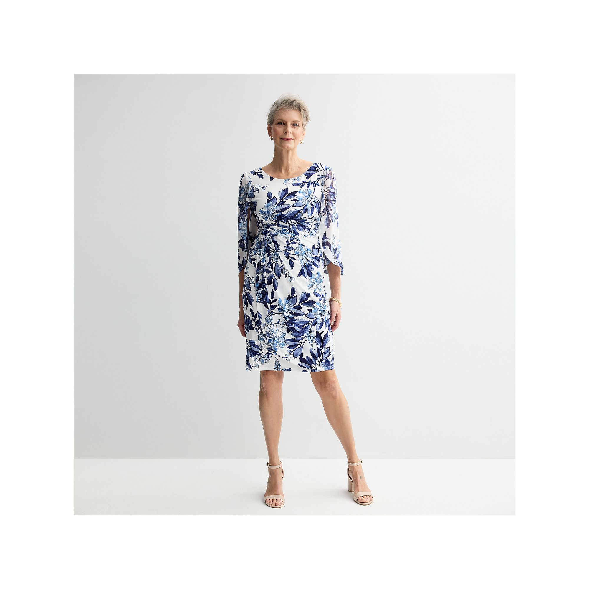 Womens Studio Connection Long Sheer Sleeve Printed Side Sarong Dress, Size