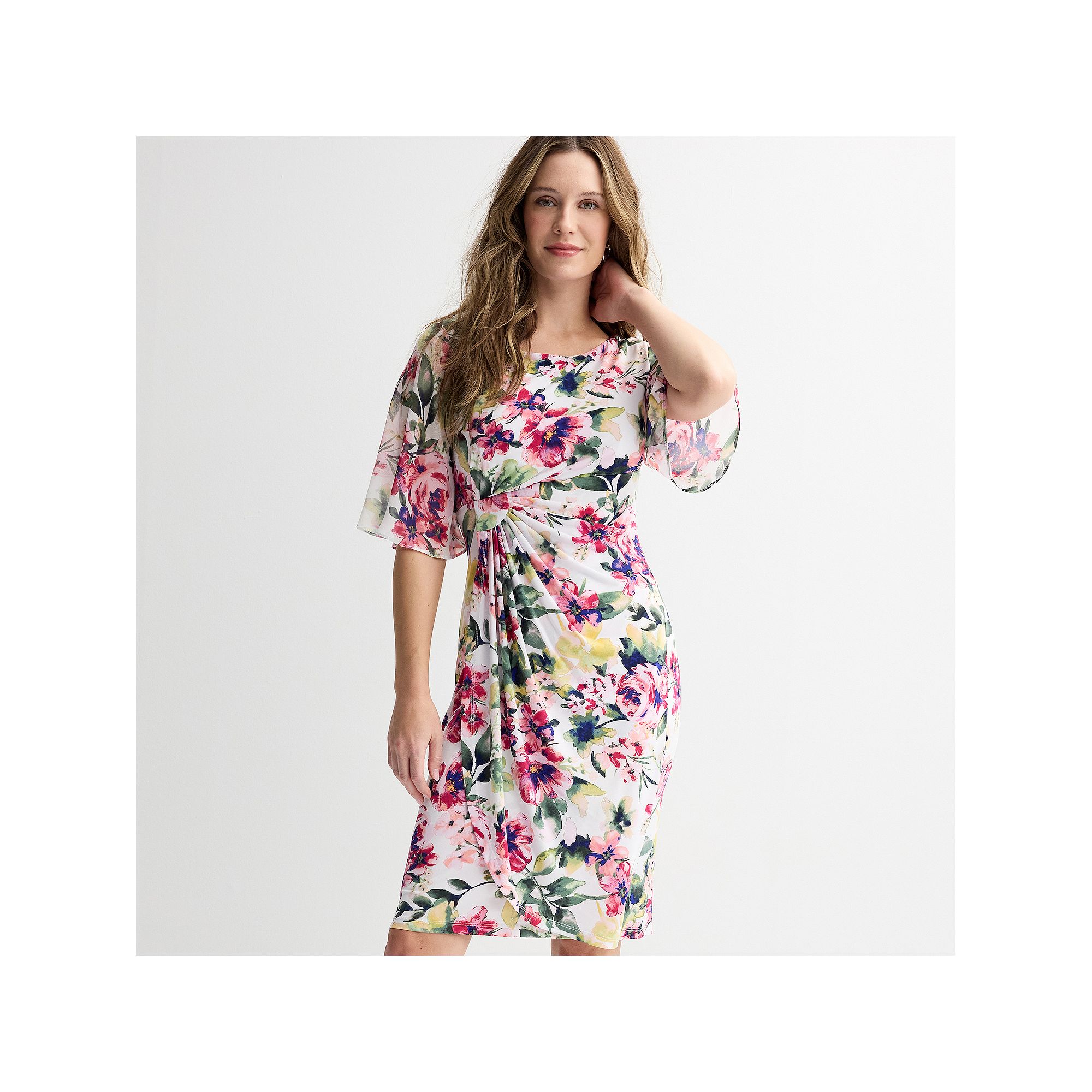 Womens Studio Connection Long Sheer Sleeve Printed Side Sarong Dress, Size