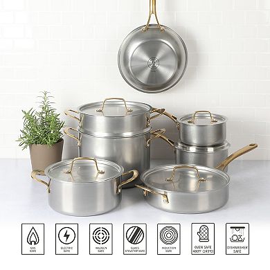 Martha Stewart 12-Piece Stainless Steel Gold-Tone Handled Cookware Set