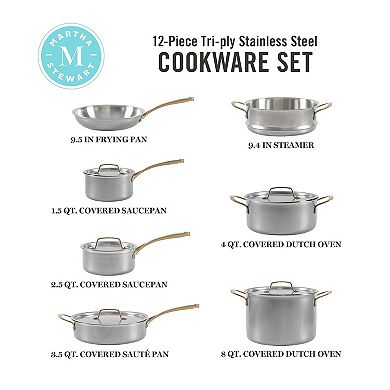 Martha Stewart 12-Piece Stainless Steel Gold-Tone Handled Cookware Set