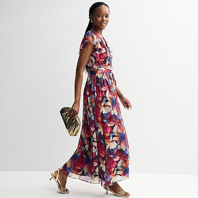 Women's Donna Ricco Flutter Sleeve V-Neck Tie Waist Maxi Dress