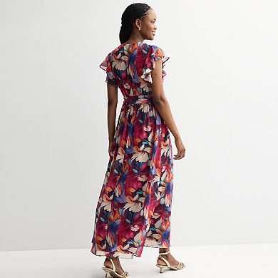 Women's Donna Ricco Flutter Sleeve V-Neck Tie Waist Maxi Dress