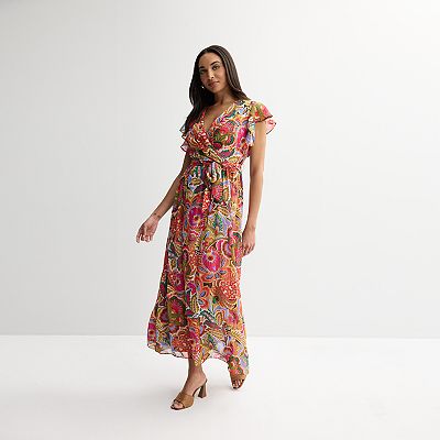 donna ricco maxi dresses Donna Ricco Women's Printed Flutter-Sleeve Maxi Dress