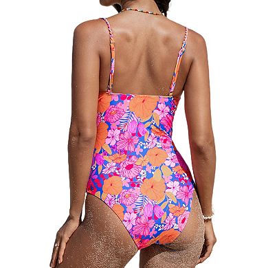 Juniors' CUPSHE Floral Square Neck Ruched One-Piece Swimsuit
