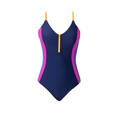 Juniors' CUPSHE Colorblock Zip Front One-Piece Swimsuit