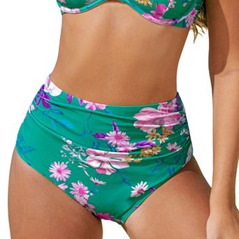 Women's Cupshe Escaping Floral Ruched High-Rise Bikini Bottoms
