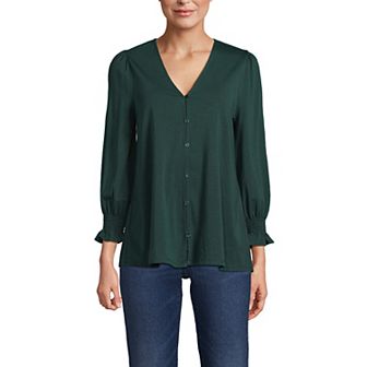 Women's Lands' End 3/4 Sleeve Lightweight Jersey Button Front Top
