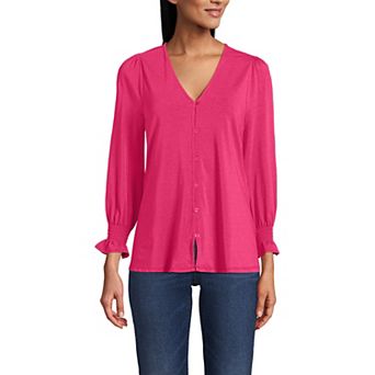 Women's Lands' End 3/4 Sleeve Lightweight Jersey Button Front Top