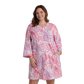 Plus Size Miss Elaine Essentials Interlock Knit Paisley Print Short Snap Robe