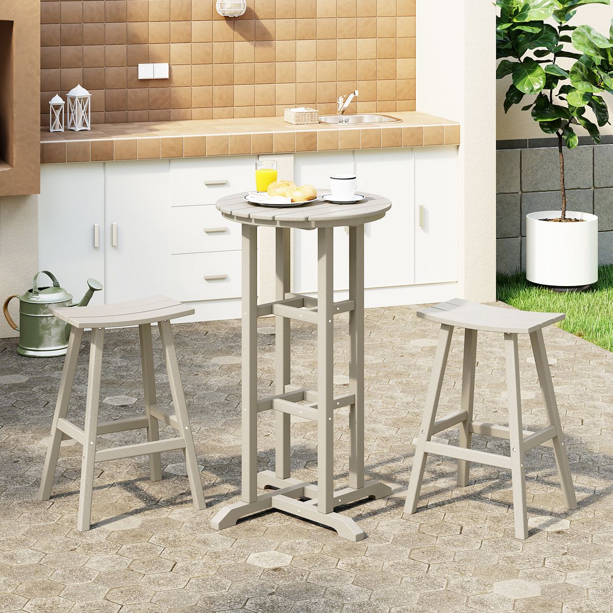 Outdoor bar bistro set with round bar table and two stools