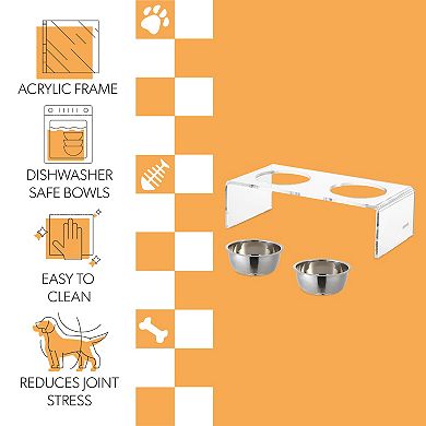 Keaton Small/medium Modern Lucite Rectangular Elevated Pet Feeder With 20oz 2-stainless Steel Bowls