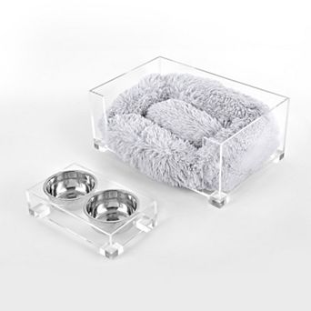 Small Fluffy Pet Bed, Washable Cushion, 4" Elevated Pet Feeder, 27 Oz 2 Steel Bowls (set Of 2)