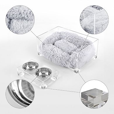 Small Fluffy Pet Bed, Washable Cushion, 4" Elevated Pet Feeder, 27 Oz 2 Steel Bowls (set Of 2)