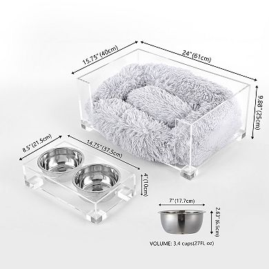 Small Fluffy Pet Bed, Washable Cushion, 4" Elevated Pet Feeder, 27 Oz 2 Steel Bowls (set Of 2)
