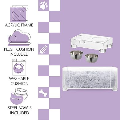 Small Fluffy Pet Bed, Washable Cushion, 4" Elevated Pet Feeder, 27 Oz 2 Steel Bowls (set Of 2)
