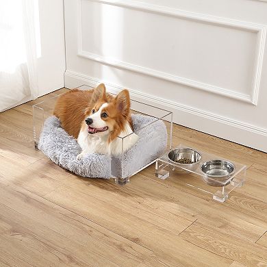 Small Fluffy Pet Bed, Washable Cushion, 4" Elevated Pet Feeder, 27 Oz 2 Steel Bowls (set Of 2)