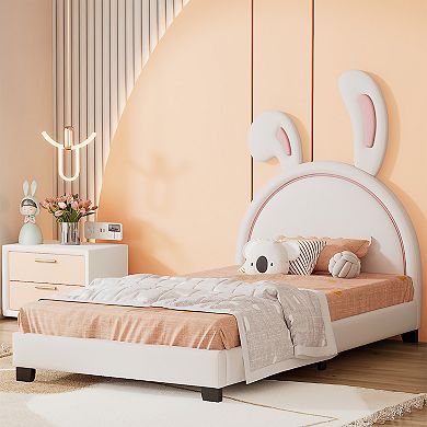 Merax Upholstered Leather Platform Bed With Rabbit Ornament