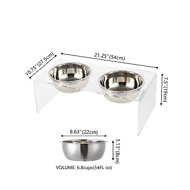 Keaton Medium/large Modern Lucite Rectangular Elevated Pet Feeder With 54oz 2-stainless Steel Bowls