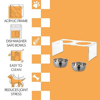 Keaton Medium/large Modern Lucite Rectangular Elevated Pet Feeder With 54oz 2-stainless Steel Bowls