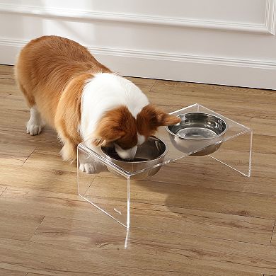 Keaton Medium/large Modern Lucite Rectangular Elevated Pet Feeder With 54oz 2-stainless Steel Bowls