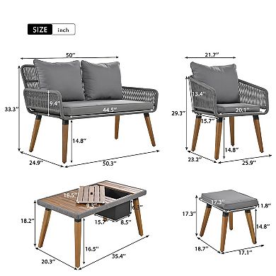 Merax 6-Piece Rope Patio Furniture Set, Outdoor Furniture With Acacia Wood Cool Bar Table With Ice Bucket, Deep Seat Patio Conversation Set With Two