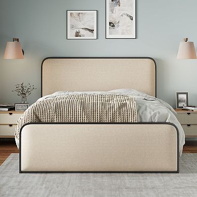 Merax Modern Metal Bed Frame With Curved Upholstered Headboard