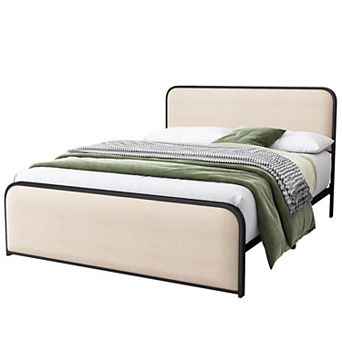 Merax Modern Metal Bed Frame With Curved Upholstered Headboard