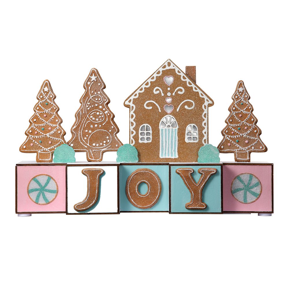 JOY Blocks with Gingerbread House and Trees, LED Lights, 15 Inches Long