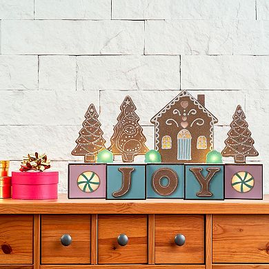 JOY Blocks with Gingerbread House and Trees, LED Lights, 15 Inches Long