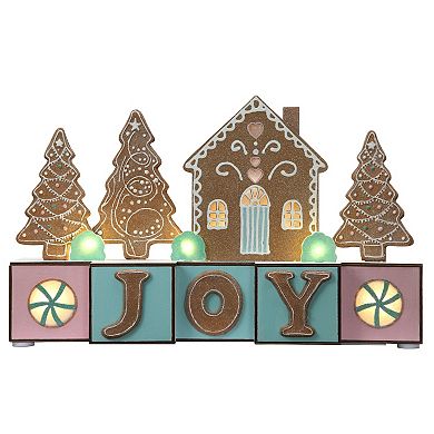 JOY Blocks with Gingerbread House and Trees, LED Lights, 15 Inches Long