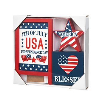 Glitzhome Set Of 3 Patriotic Wooden Block Table Sign Decor