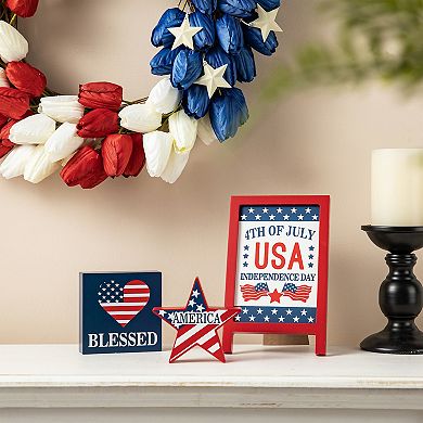 Glitzhome Set Of 3 Patriotic Wooden Block Table Sign Decor