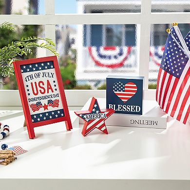 Glitzhome Set Of 3 Patriotic Wooden Block Table Sign Decor