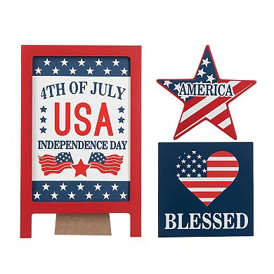 Glitzhome Set Of 3 Patriotic Wooden Block Table Sign Decor