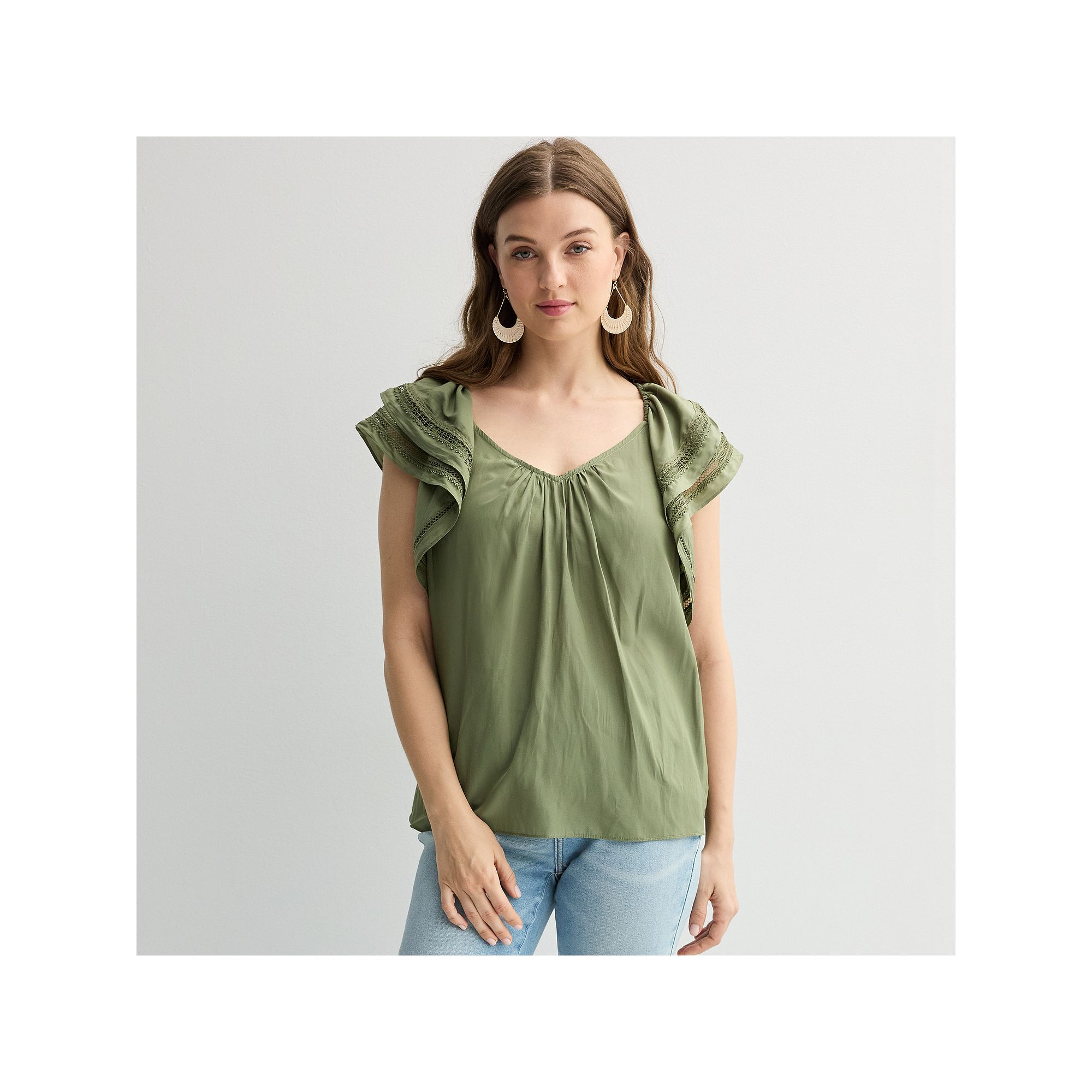 Womens Chelsea & Theodore Ruffle Sleeve Woven Airflow Blouse, Size: Small,