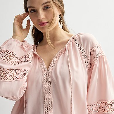 Women's Chelsea & Theodore Tie Neck Long Sleeve Embroidered Blouse