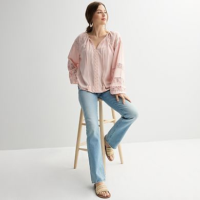 Women's Chelsea & Theodore Tie Neck Long Sleeve Embroidered Blouse