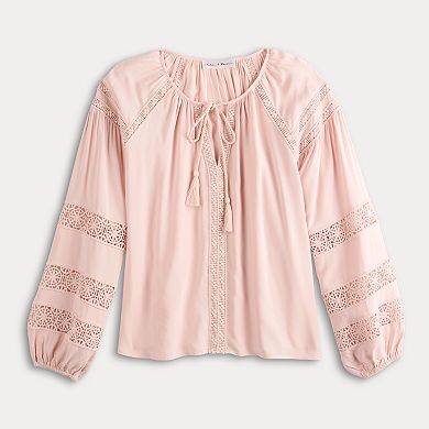 Women's Chelsea & Theodore Tie Neck Long Sleeve Embroidered Blouse