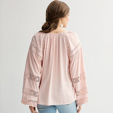 Women's Chelsea & Theodore Tie Neck Long Sleeve Embroidered Blouse