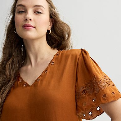 Women's Chelsea & Theodore Short Sleeve V-Neck Eyelet Blouse